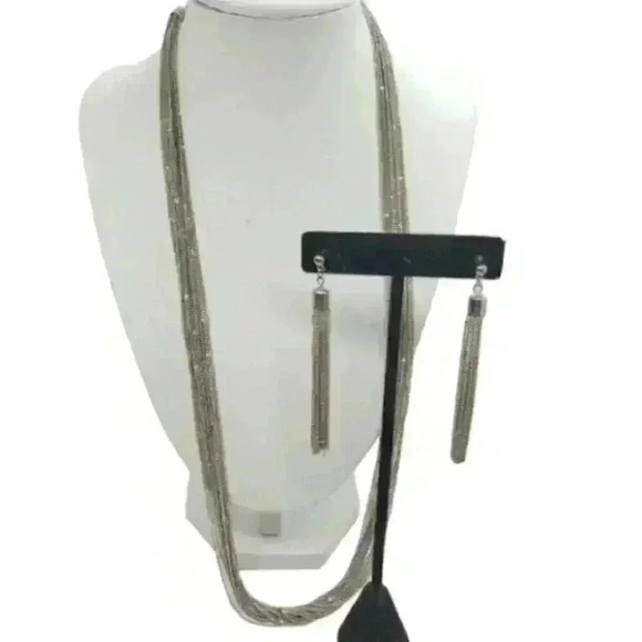 Vintage Multi Chain Tassel Fancy Silver Necklace Earrings Set Long 1970s Dangle - Picture 1 of 10